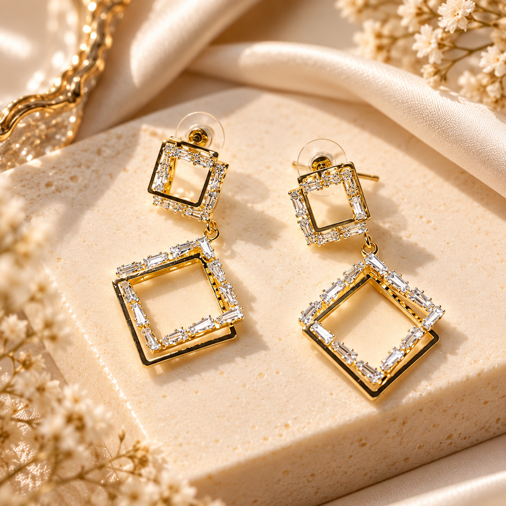 Golden Art Deco Square Drop Earrings