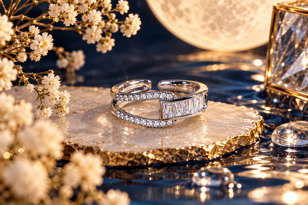 Silver Baguette Loop Adjustable Ring