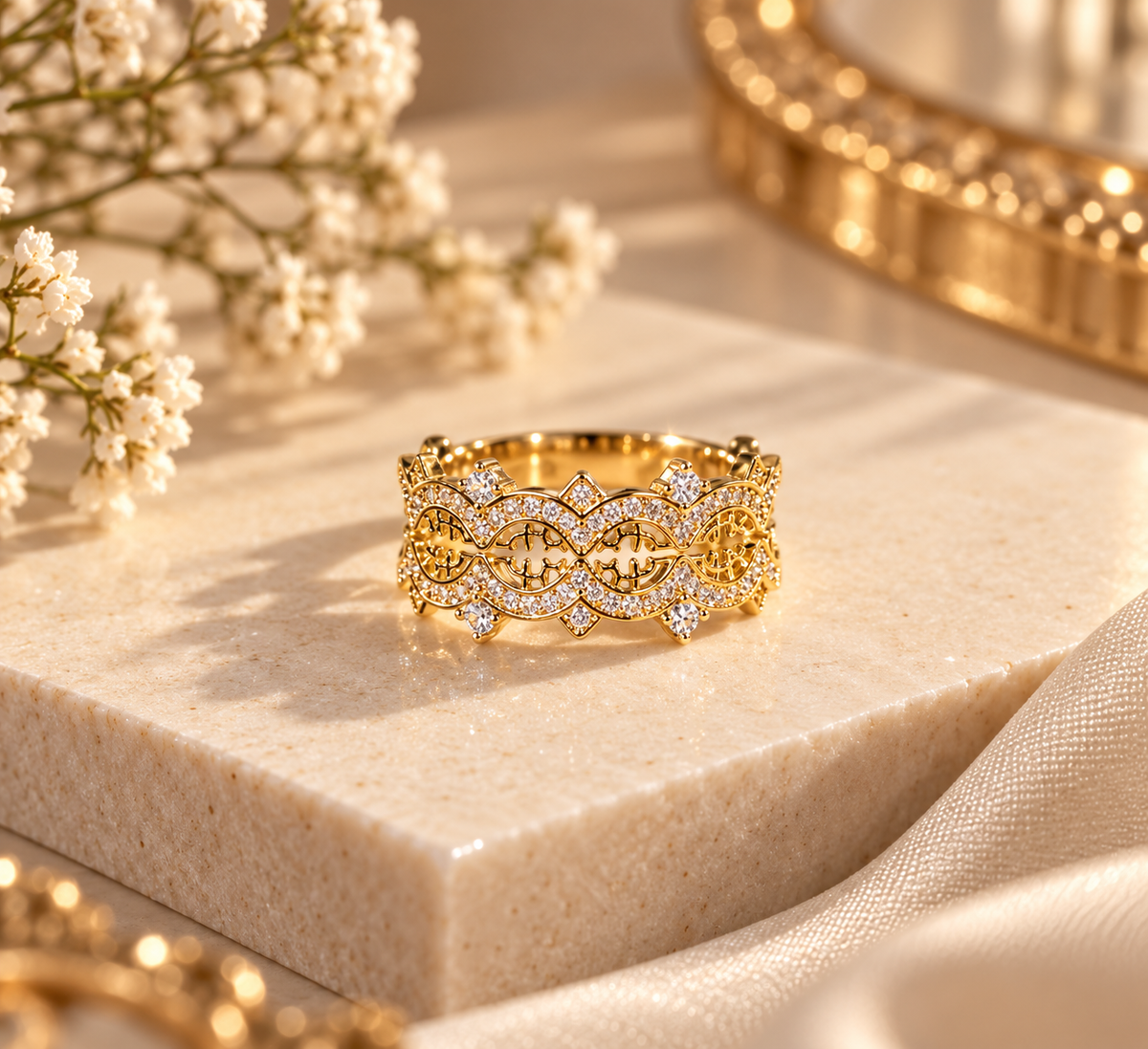 Aureline Anti-Tarnish Crystal Filigree Band