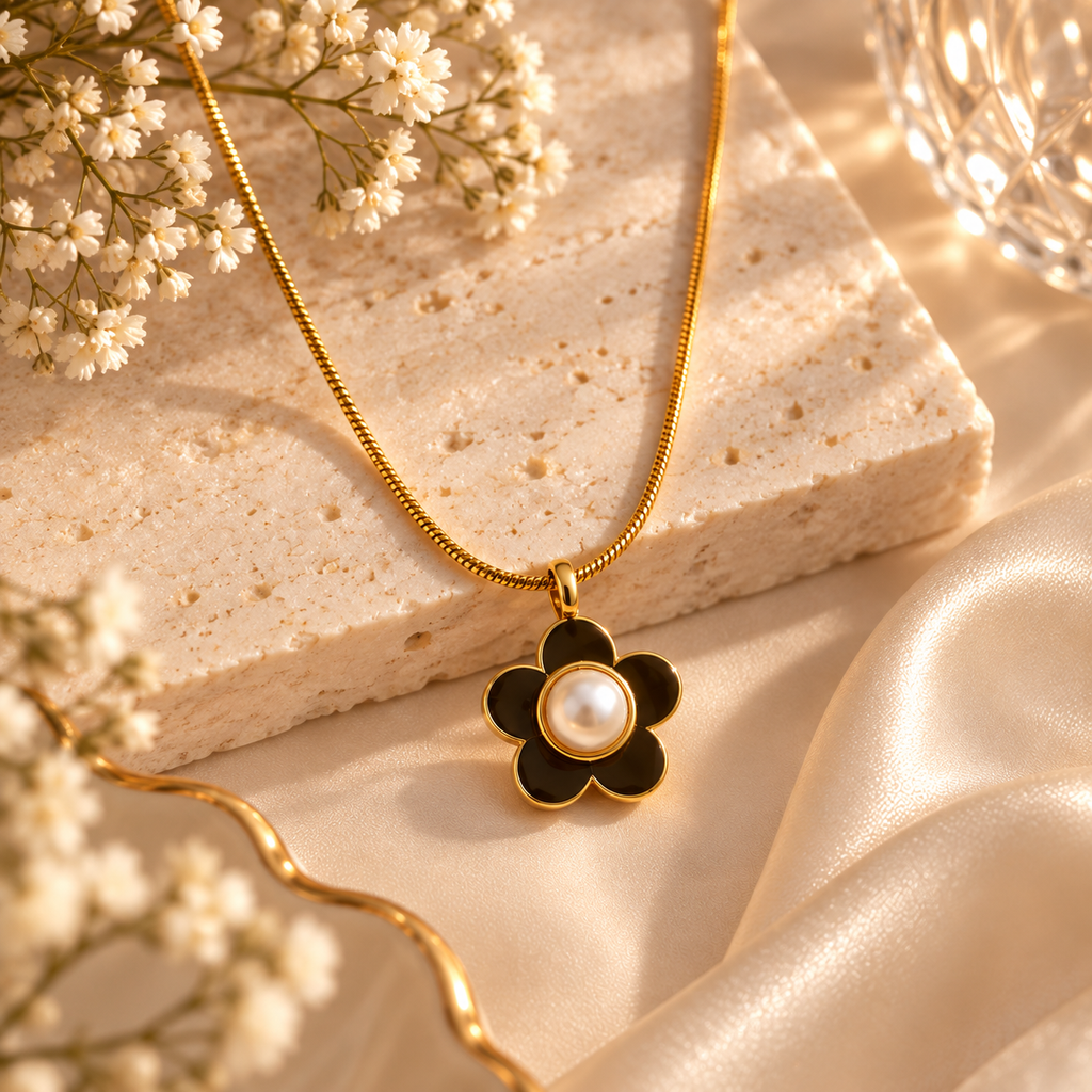 Noira Anti-Tarnish Black Flower Pearl Pendant Necklace