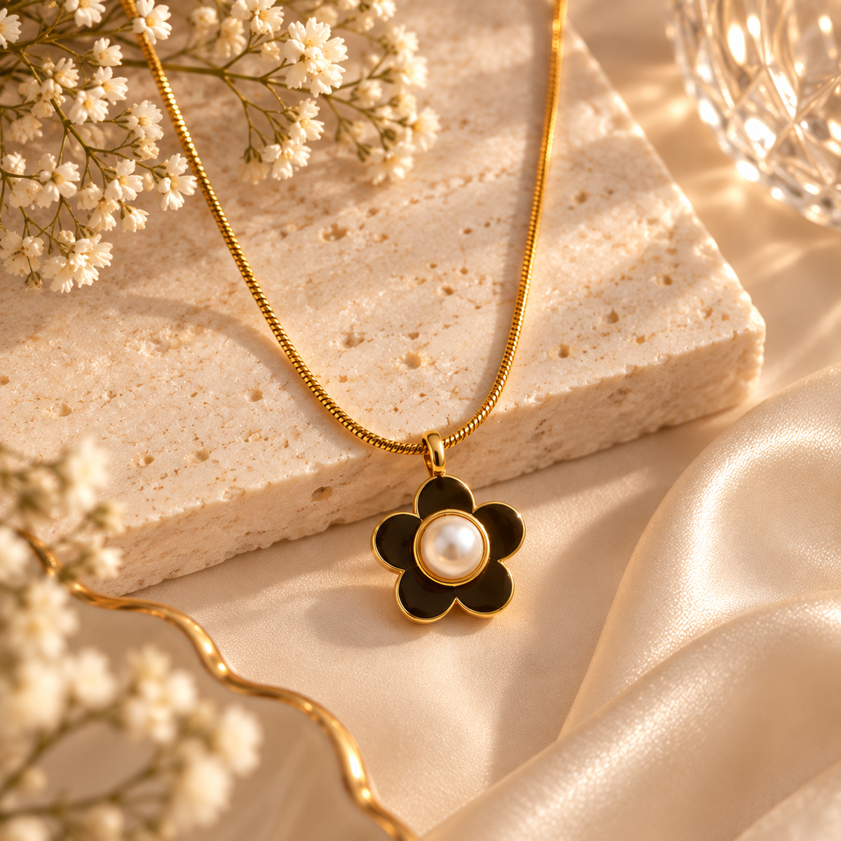 Noira Anti-Tarnish Black Flower Pearl Pendant Necklace