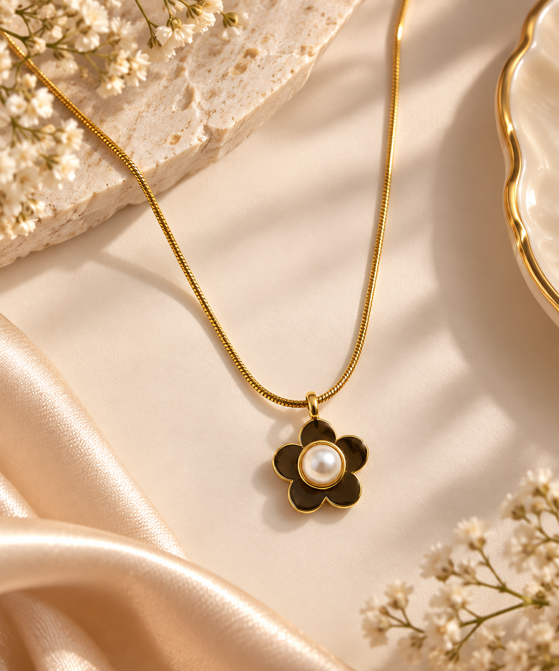 Noira Anti-Tarnish Black Flower Pearl Pendant Necklace