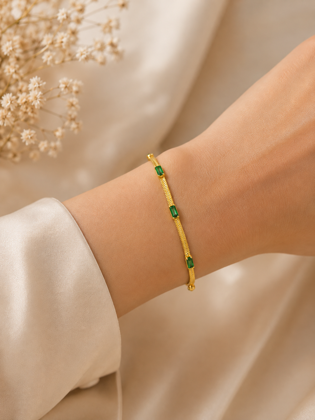 Emerald Baguette Herringbone Chain Bracelet