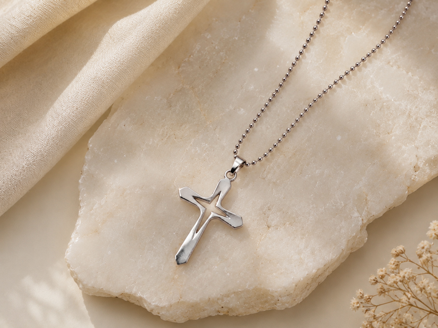 Silver cross pendant necklace on a ball chain