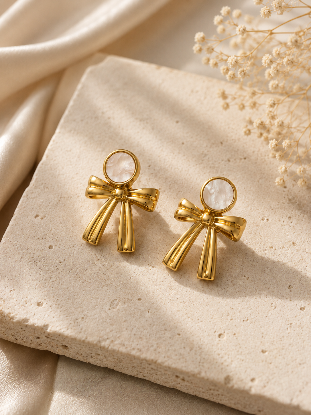Gold Bow Pearl Earrings