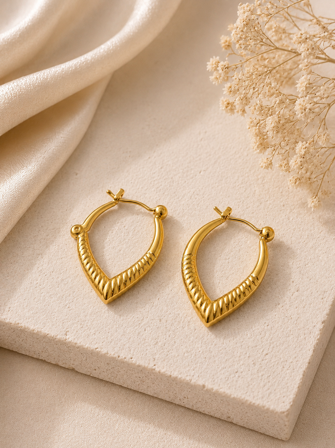 Gold V-Hoop Ribbed Earrings