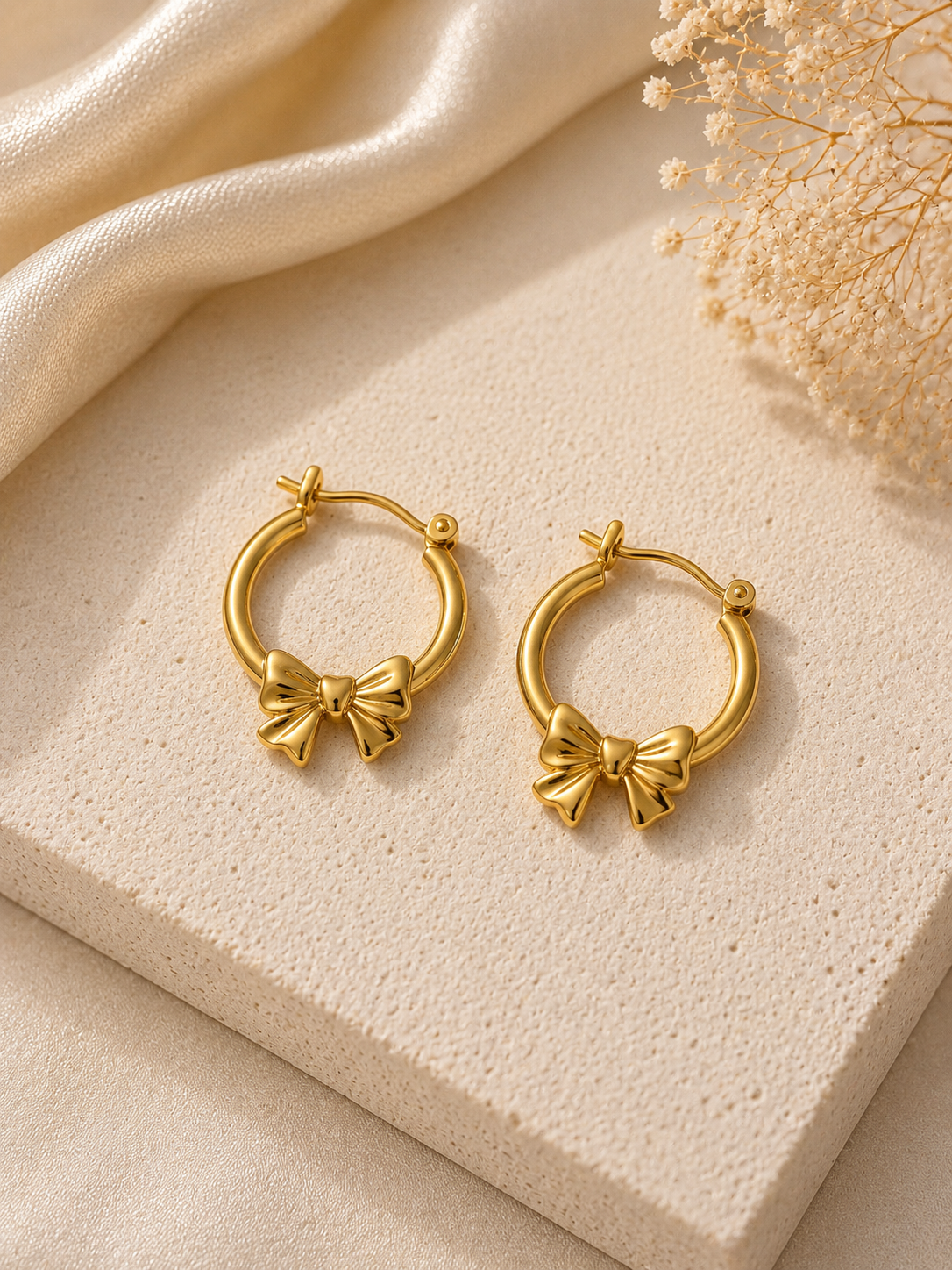 Gold Bow Charm Hoop Earrings