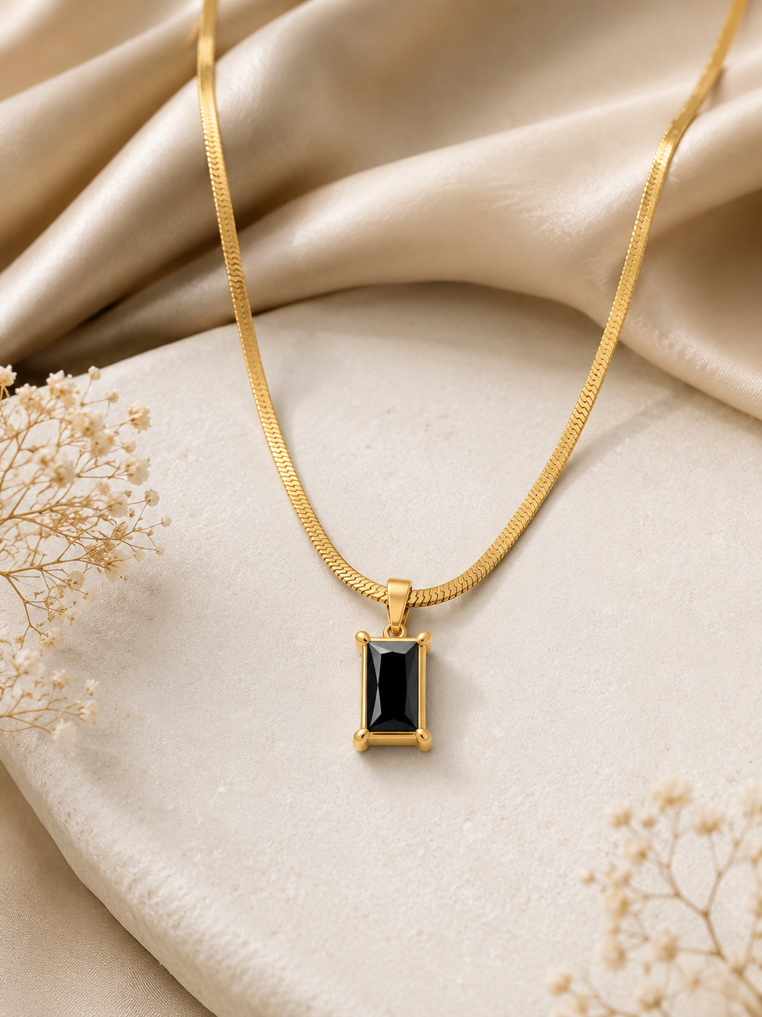Black Stone Herringbone Chain Necklace