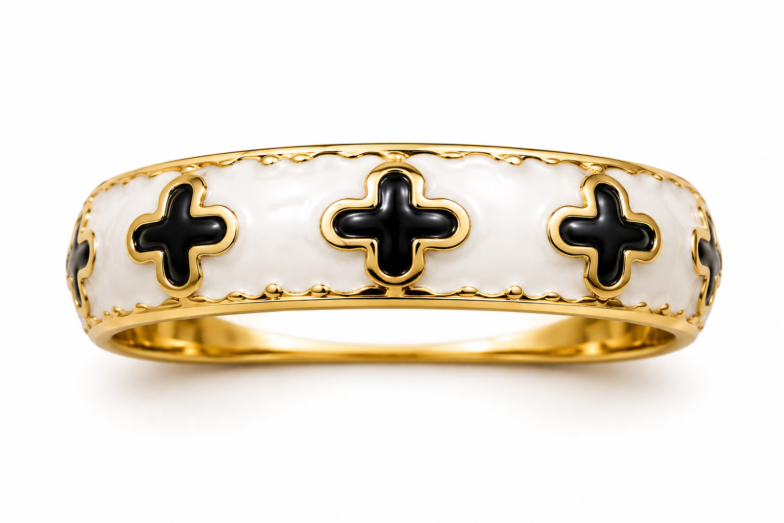 White & Black Quatrefoil Cross Enamel Ring