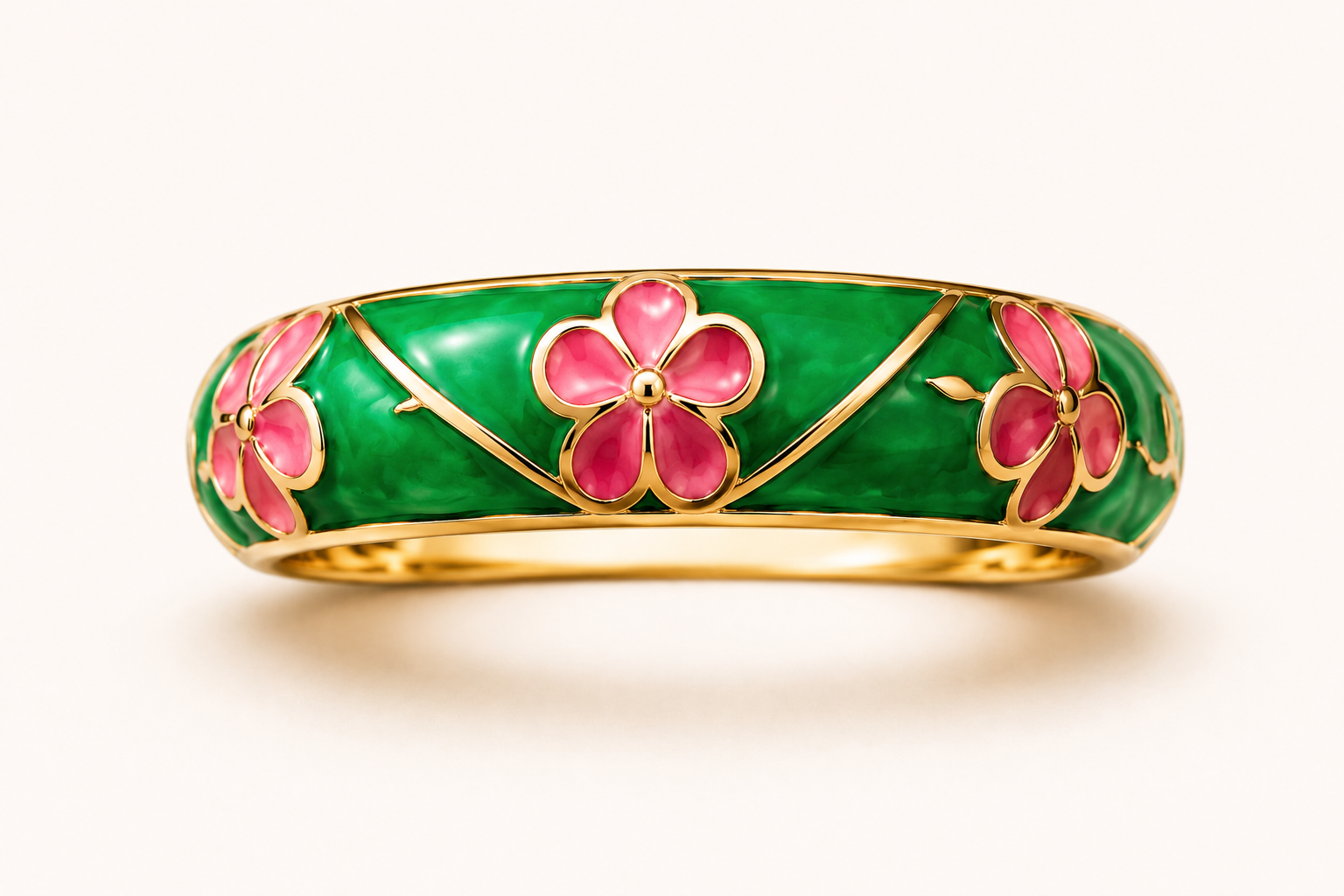 Green & Pink Floral Vine Enamel Ring