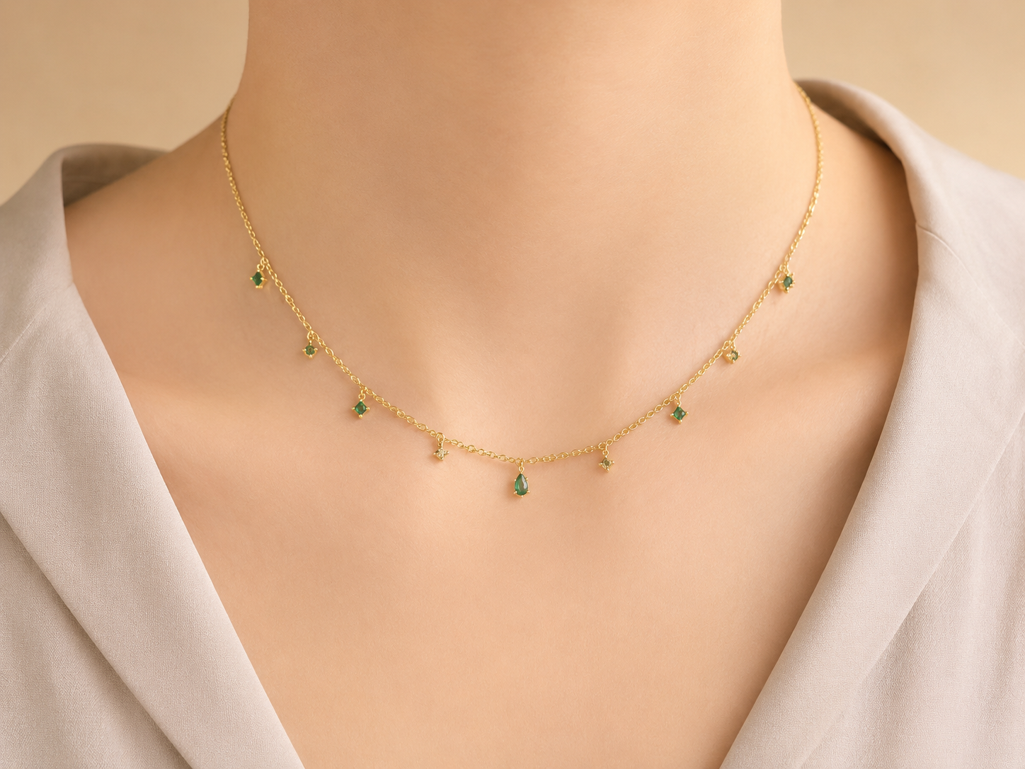 Emerald & CZ Charm Drop Necklace