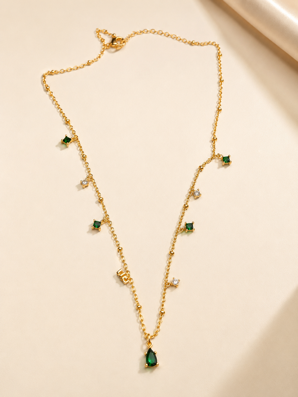 Emerald & CZ Charm Drop Necklace