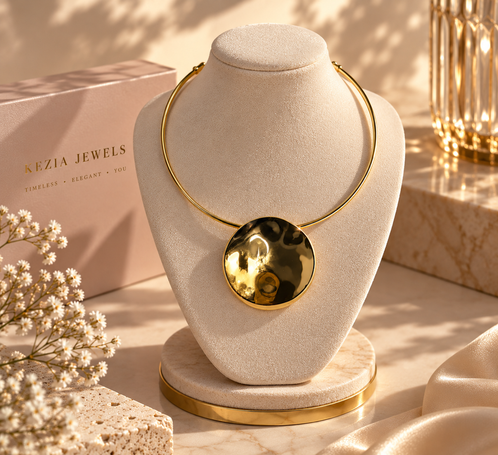 Orbella Anti-Tarnish Polished Disc Pendant Collar Necklace