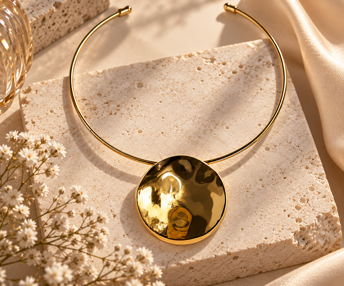 Orbella Anti-Tarnish Polished Disc Pendant Collar Necklace