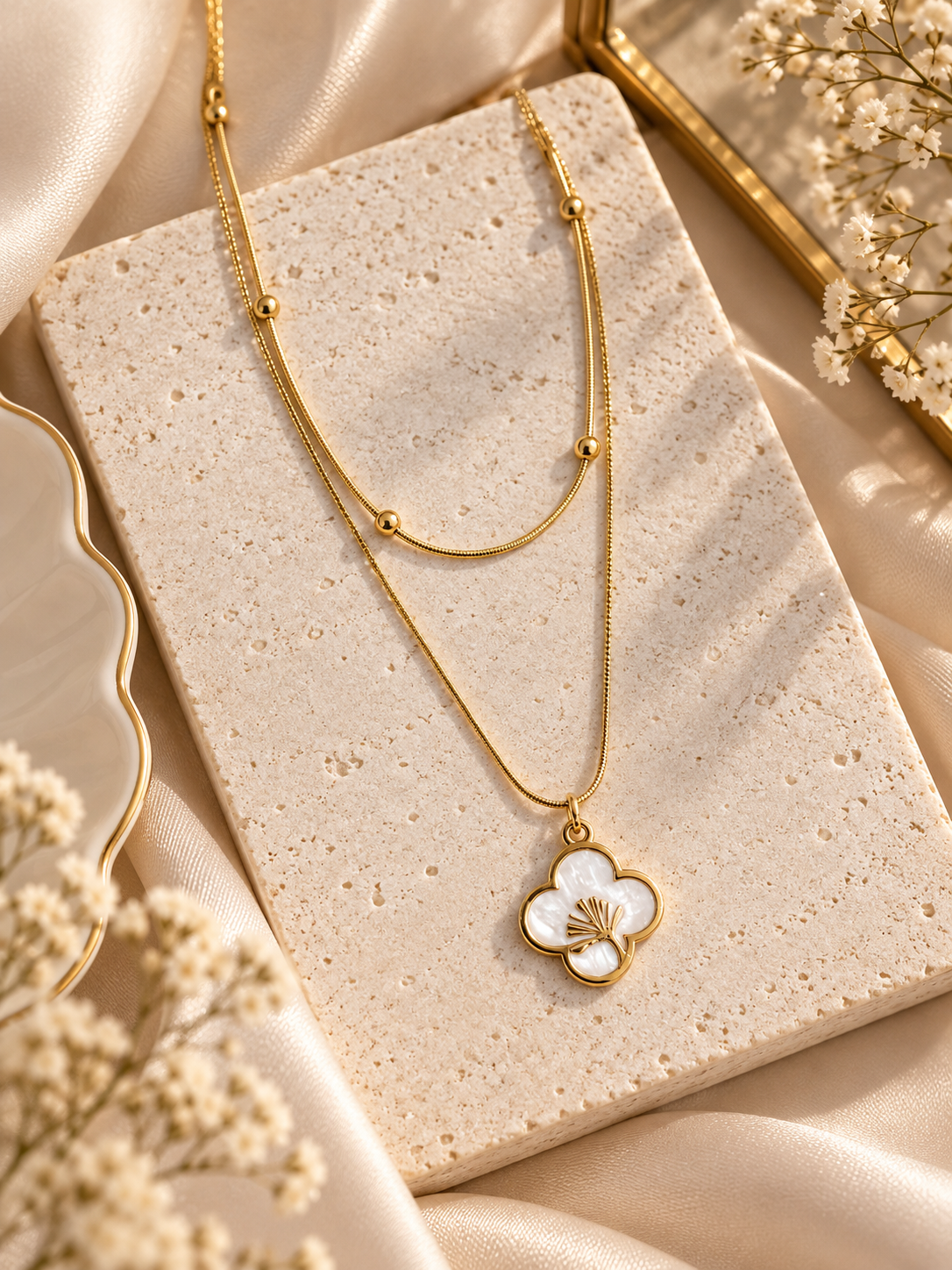 Camellia Anti-Tarnish White Flower Layered Necklace