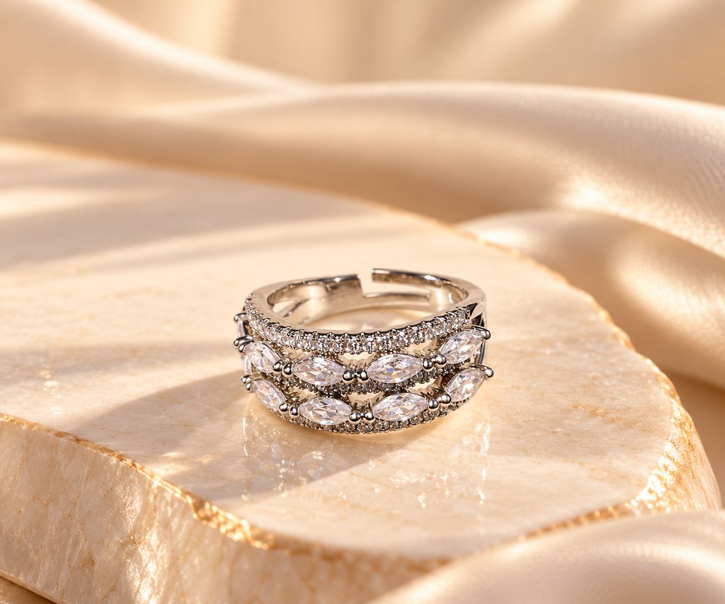Silver-tone adjustable multi-row ring with sparkling clear accents