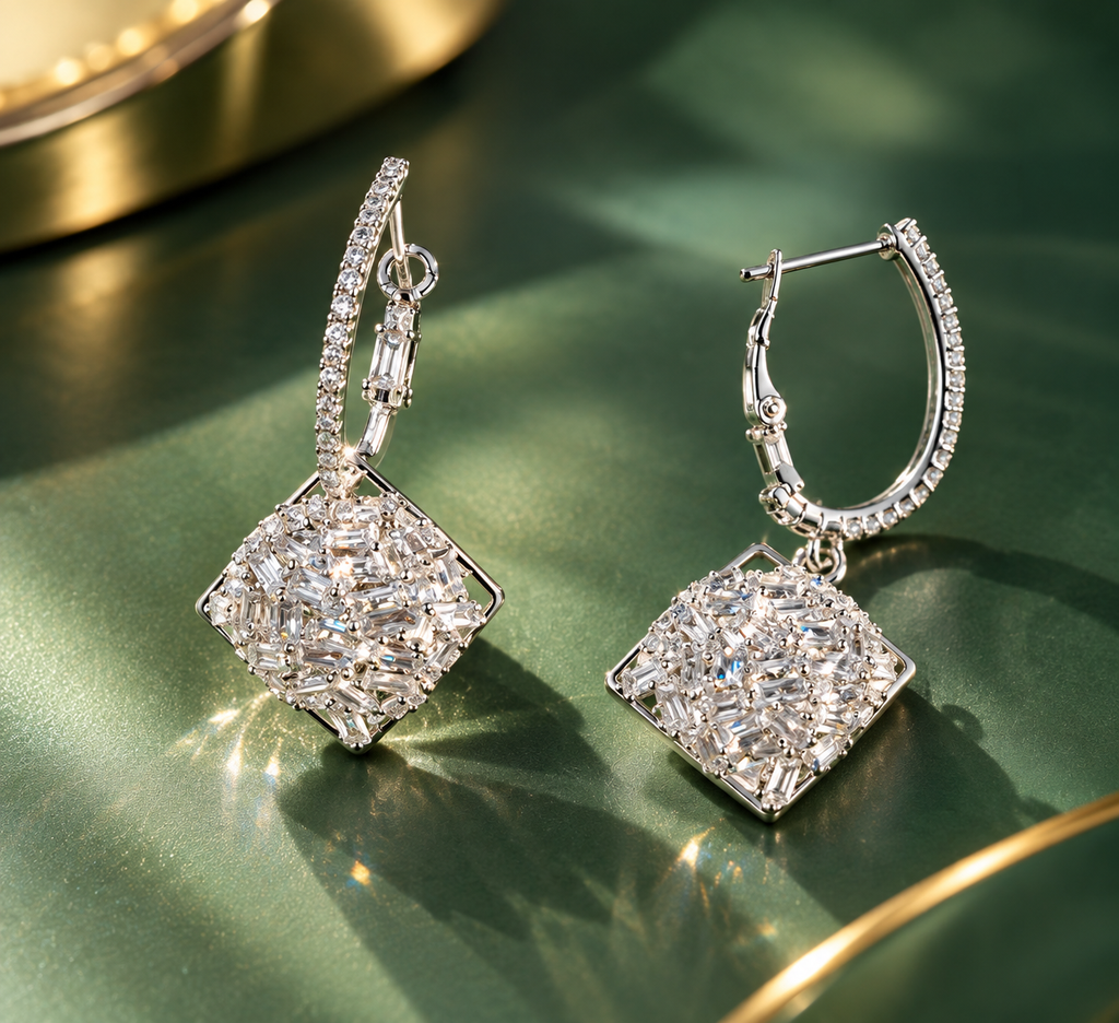 Silver Geometric Sparkle Drop Earrings