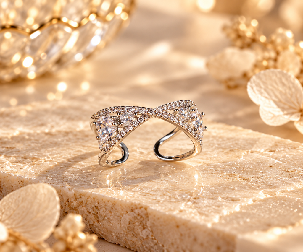 Silver Bow Sparkle Adjustable Ring