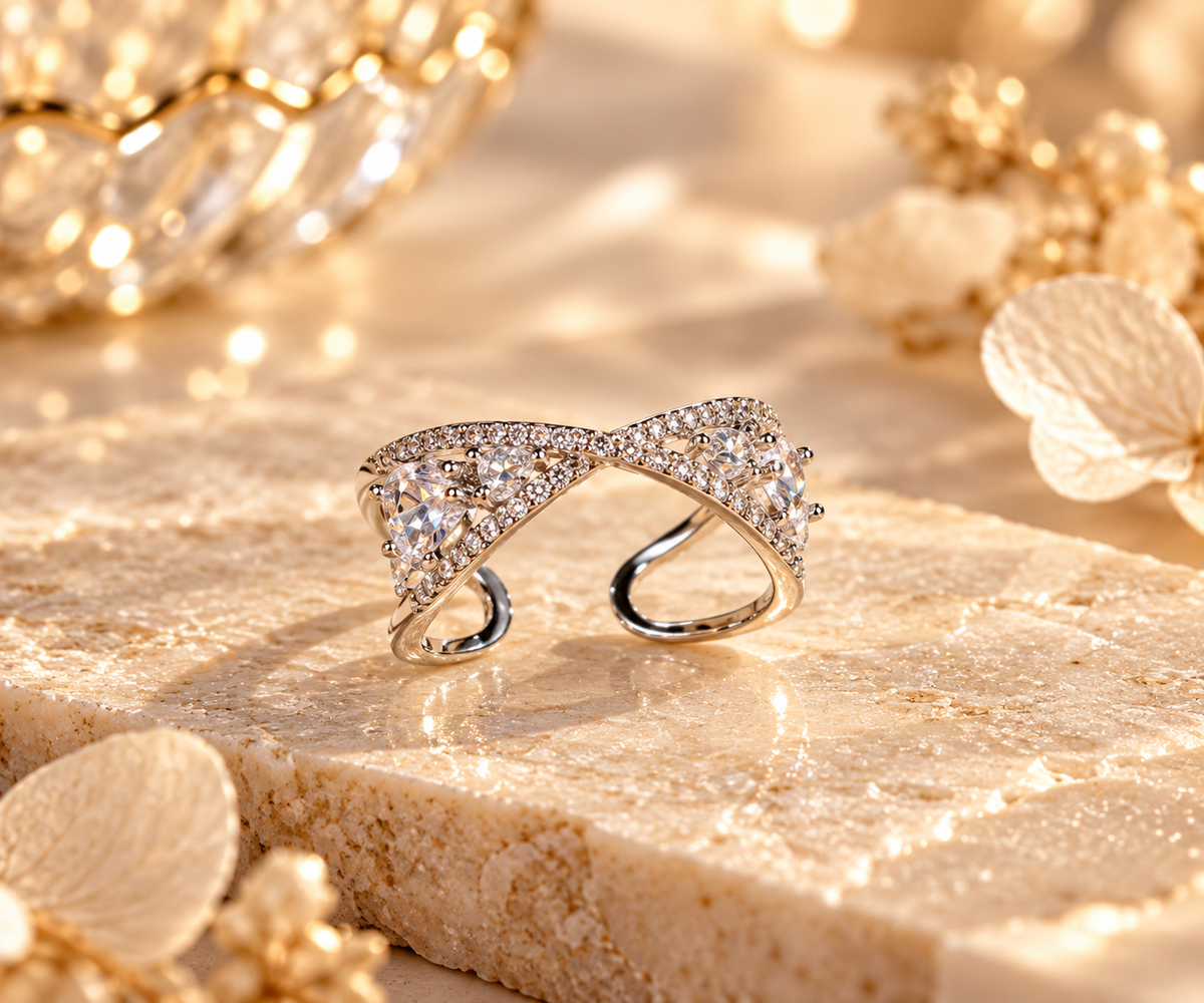 Silver Bow Sparkle Adjustable Ring