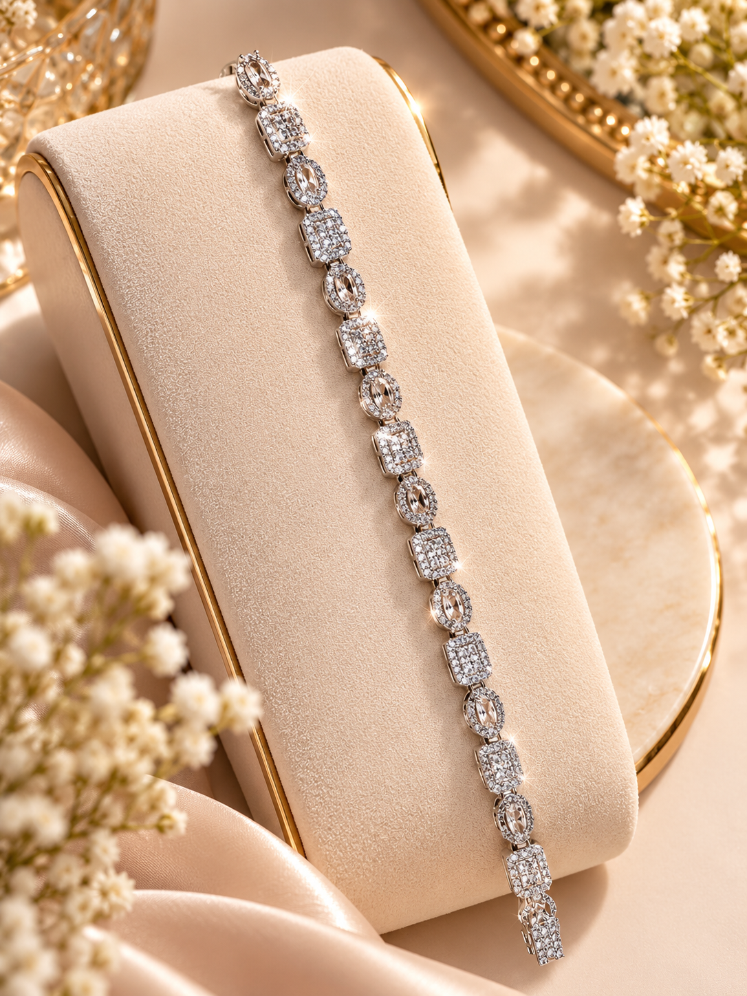 Silver Oval & Cushion Sparkle Adjustable Bracelet