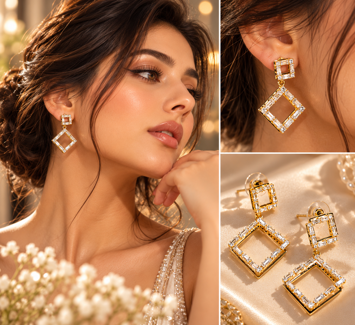 Golden Art Deco Square Drop Earrings