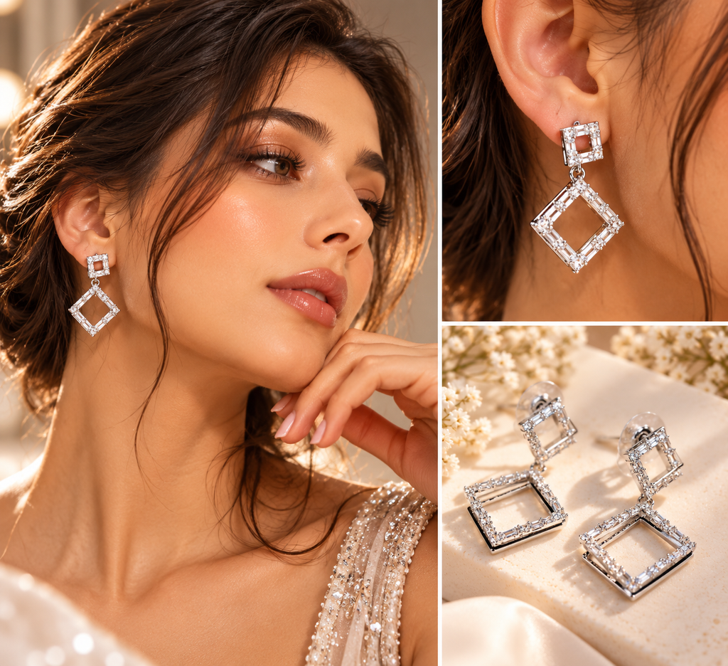 Golden Art Deco Square Drop Earrings