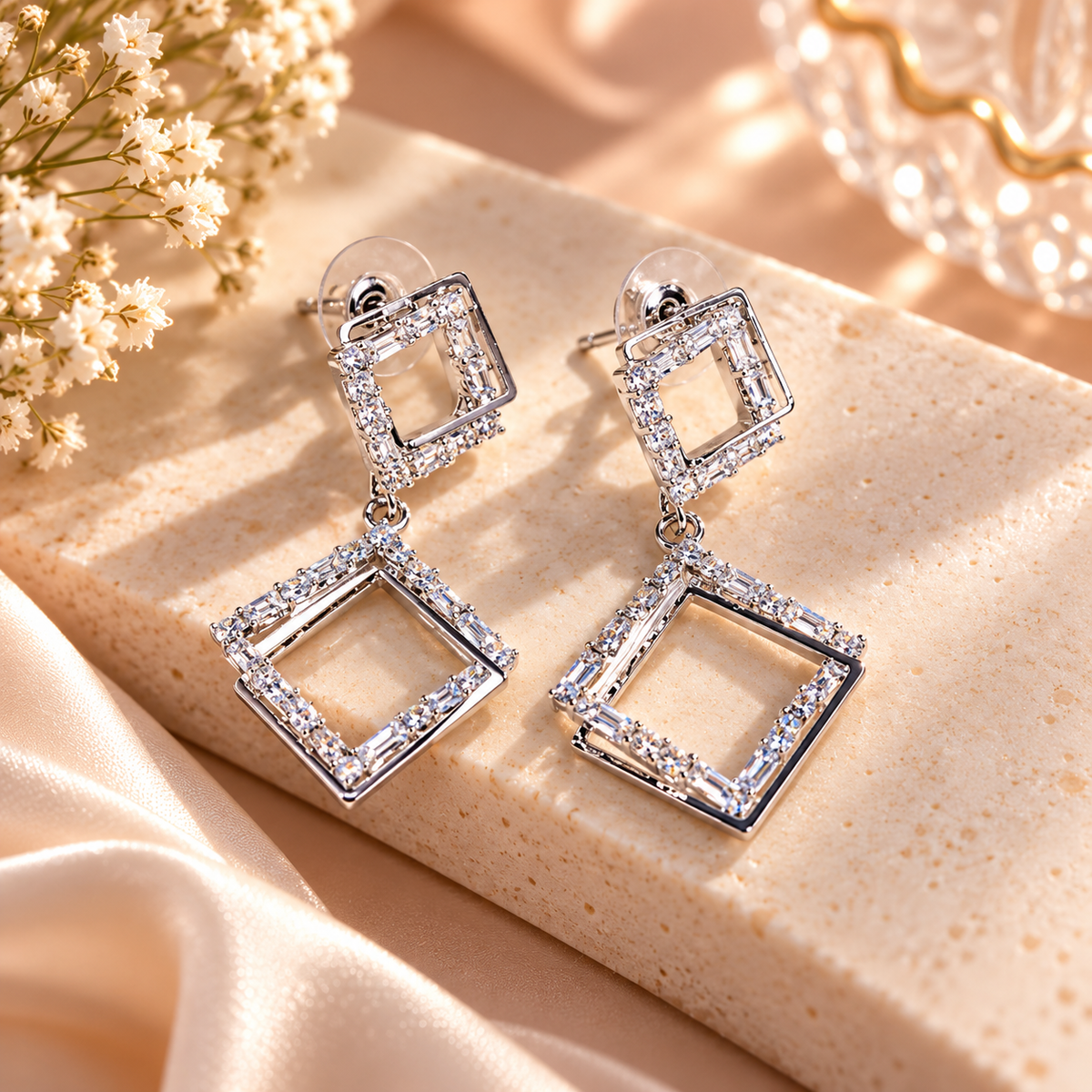 Golden Art Deco Square Drop Earrings
