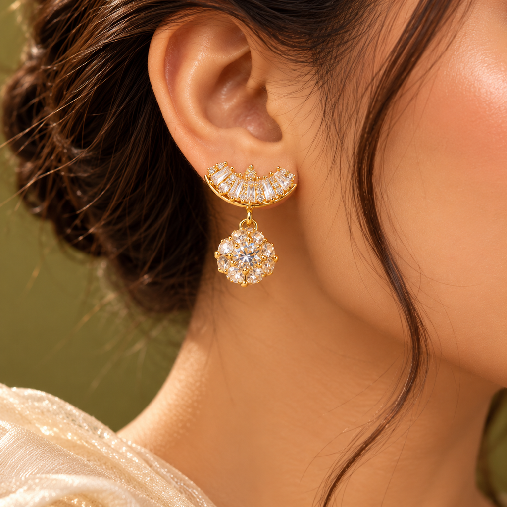 Golden Crescent Bloom Drop Earrings