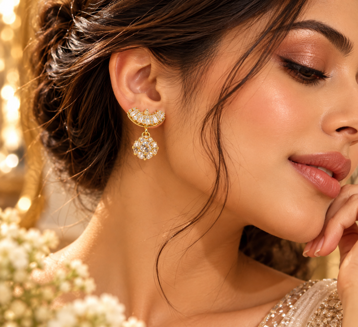 Golden Crescent Bloom Drop Earrings