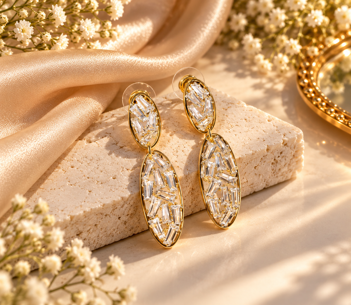 Golden Oval Sparkle Drop Earrings