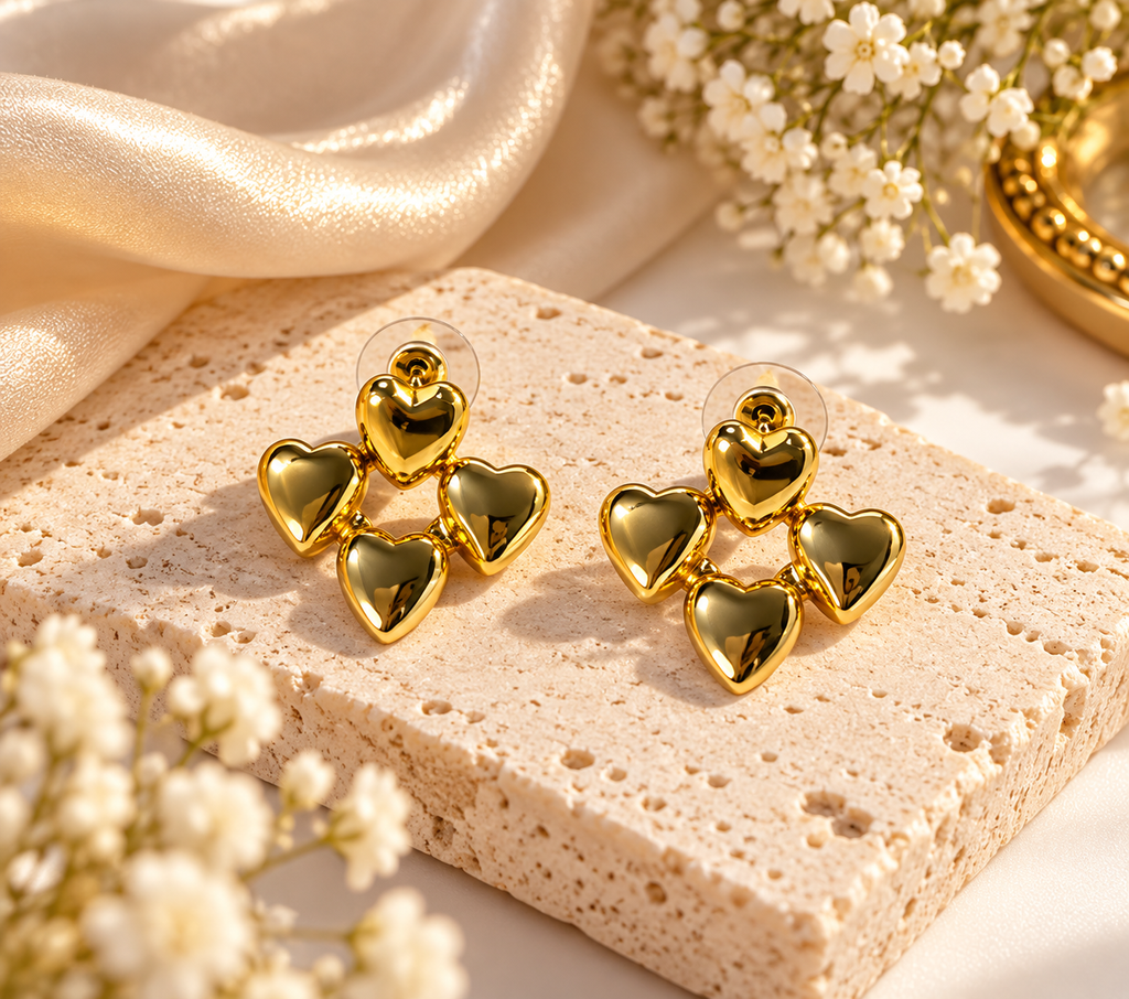 Golden Heart Cluster Earrings