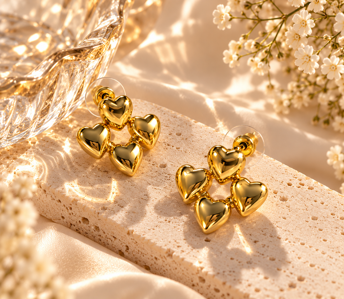 Golden Heart Cluster Earrings