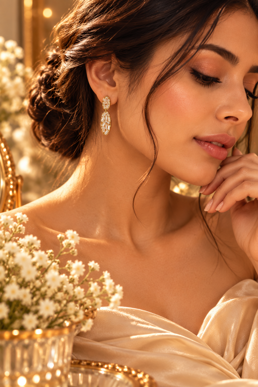Golden Oval Sparkle Drop Earrings