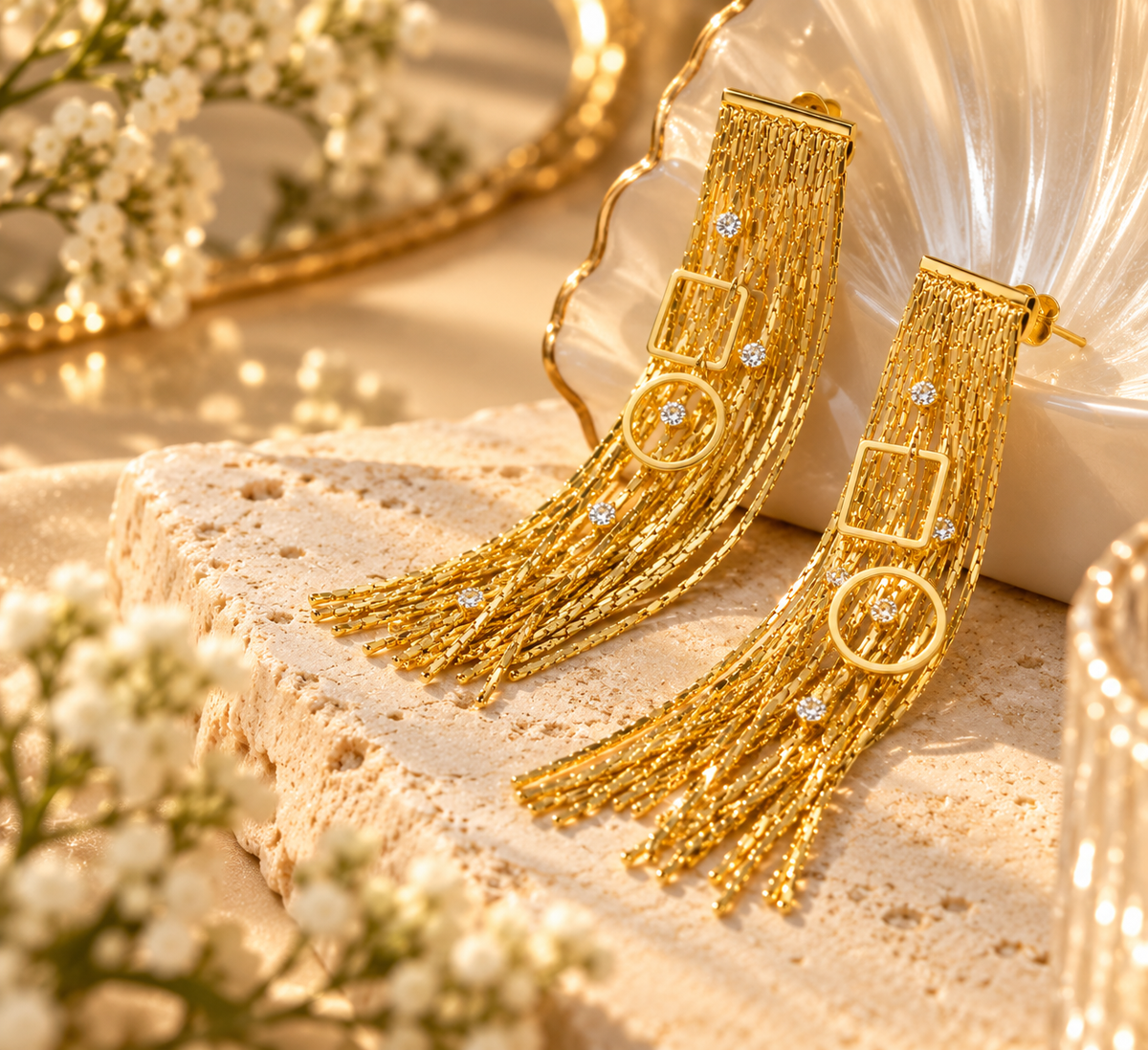 Golden Geometric Tassel Earrings