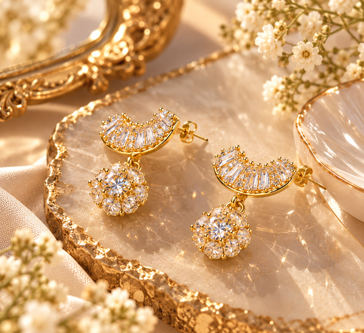 Golden Crescent Bloom Drop Earrings
