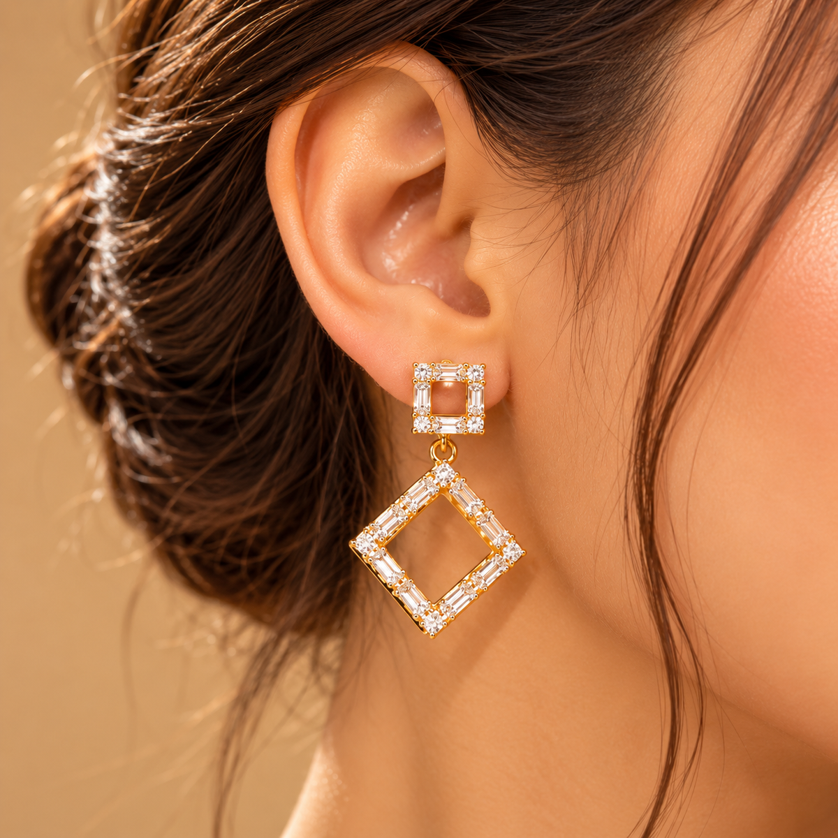 Golden Art Deco Square Drop Earrings