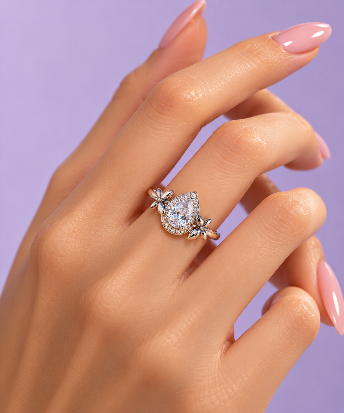 Silver Pear Halo Floral Adjustable Ring