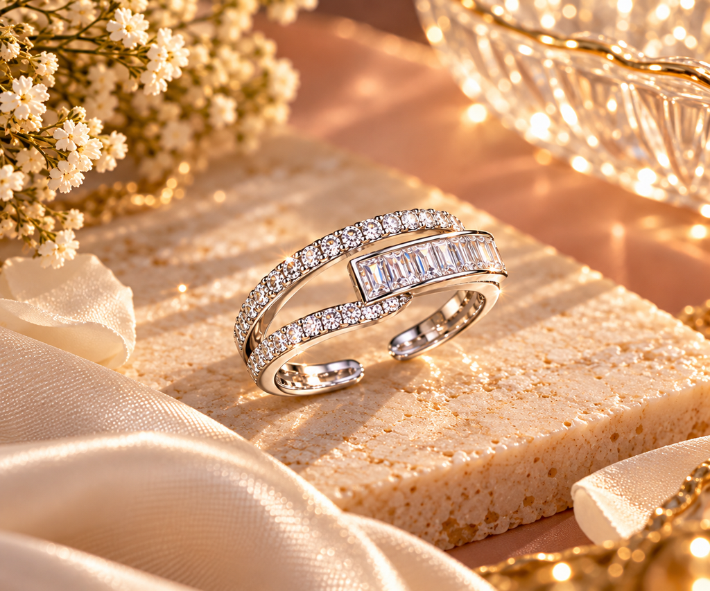 Silver Baguette Loop Adjustable Ring