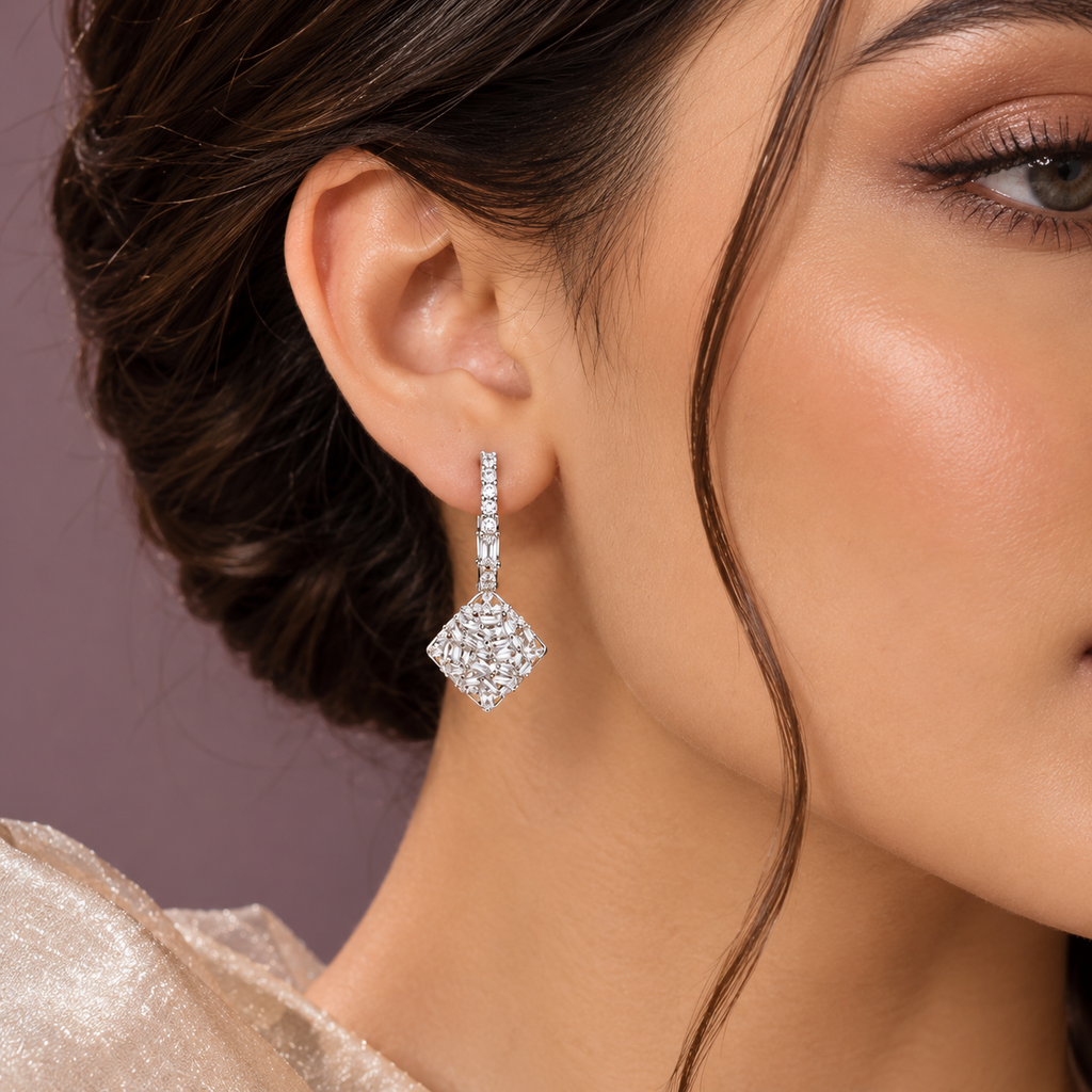 Silver Geometric Sparkle Drop Earrings