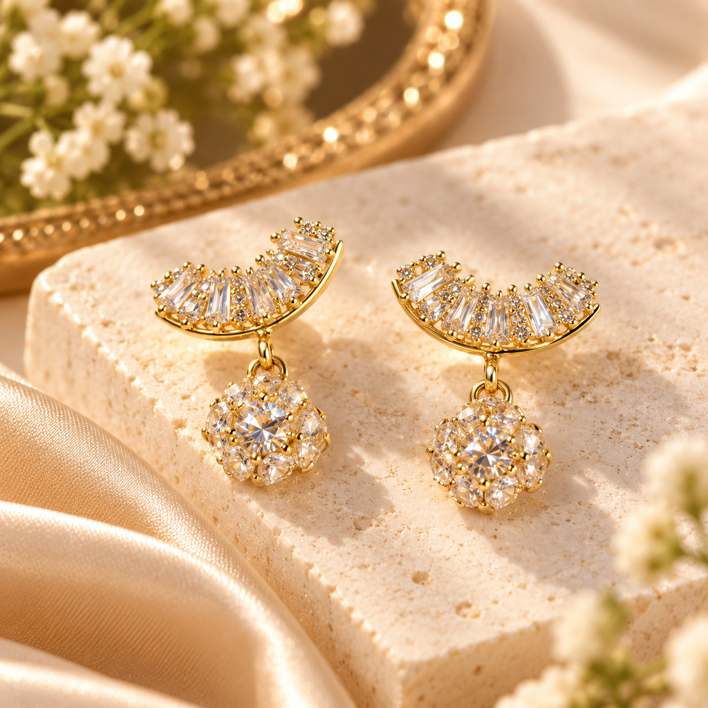 Golden Crescent Bloom Drop Earrings