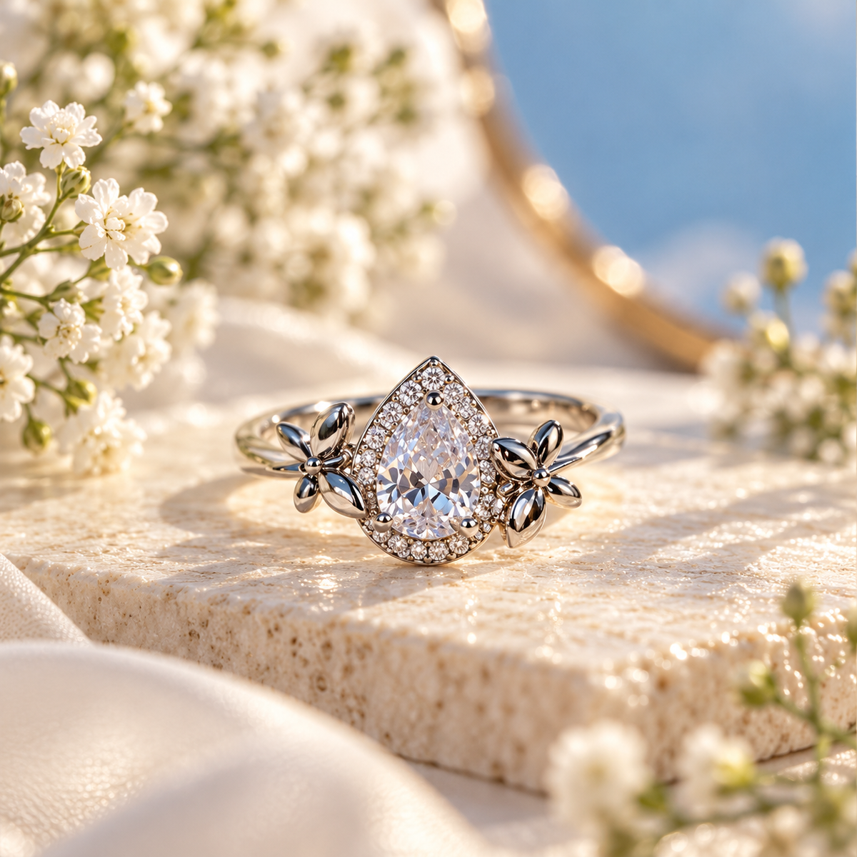 Silver Pear Halo Floral Adjustable Ring