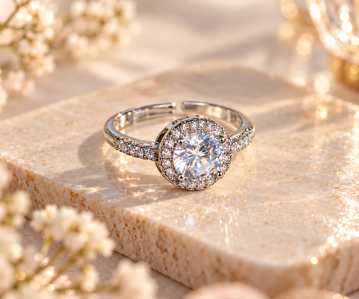 Silver Round Halo Sparkle Adjustable Ring