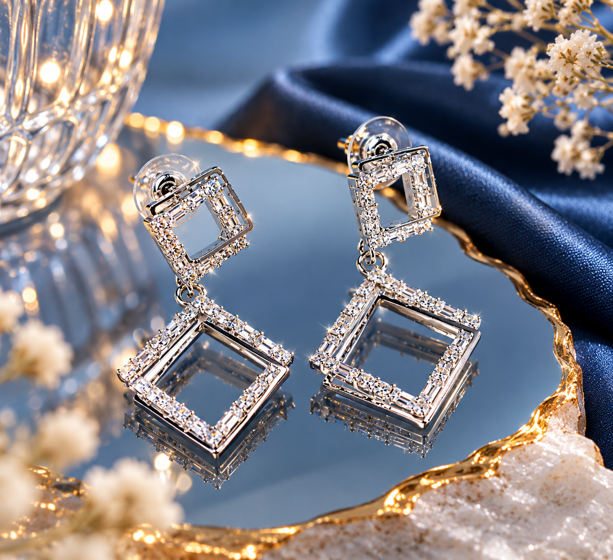 Golden Art Deco Square Drop Earrings