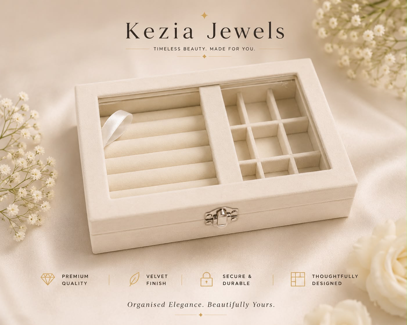Cream Velvet Jewellery Organiser Box